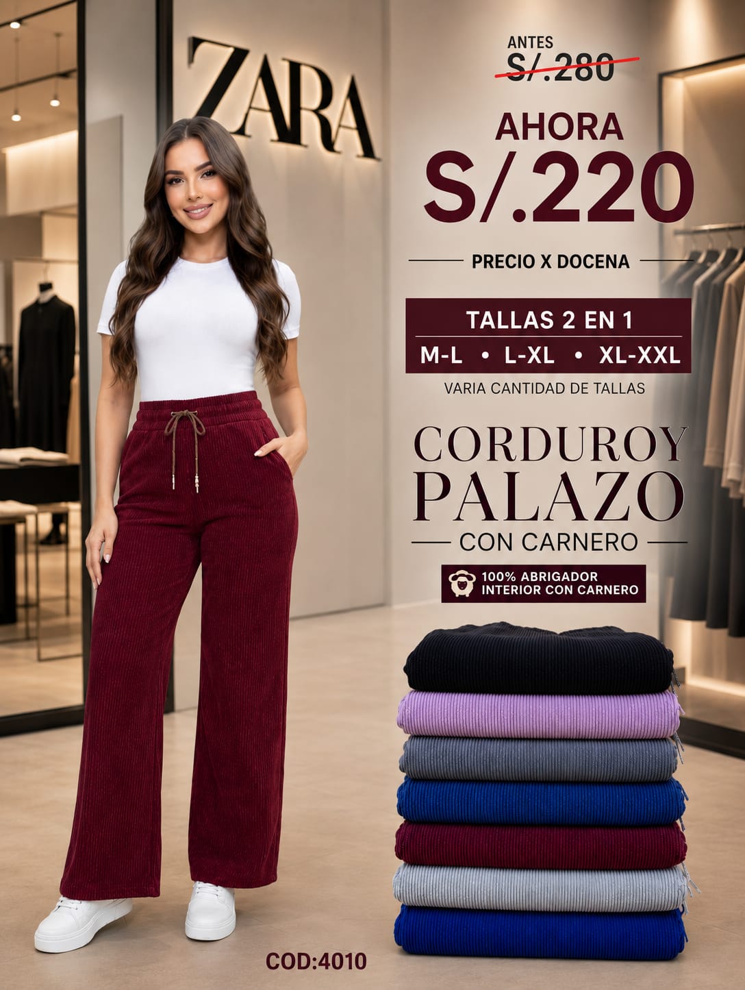 Pantalón Corduroy Palazzo CON CARNERO 100% ABRIGADOR – CÓDIGO 4010 - Imagen 2
