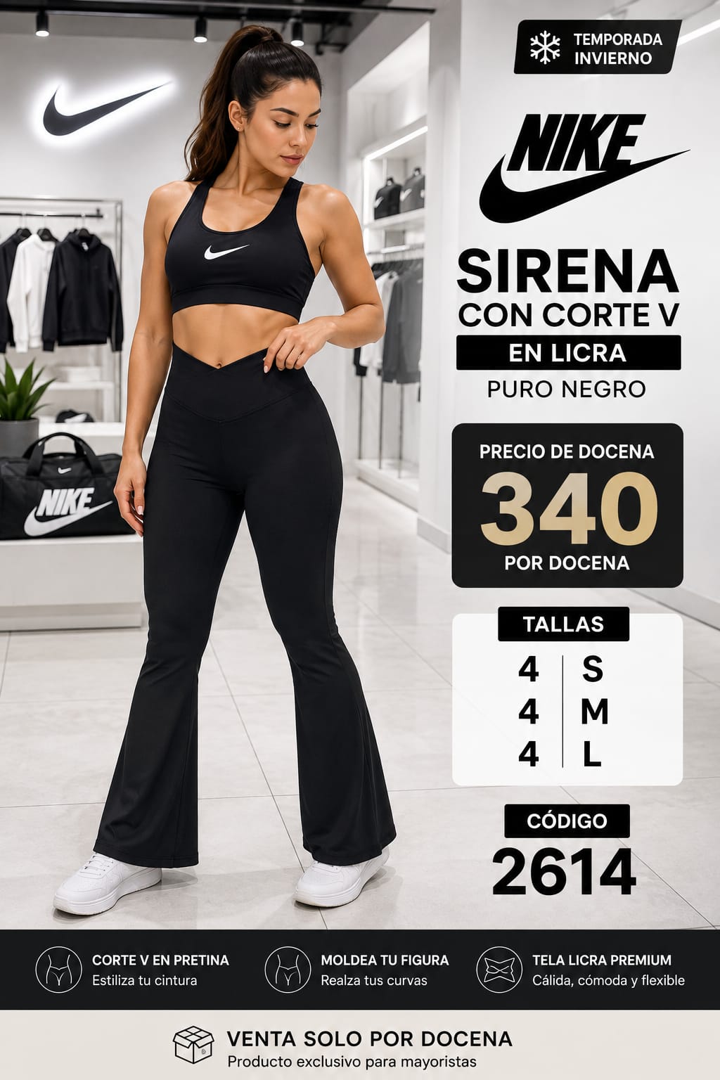 Pantalón Sirena Corte V en Licra | Puro Negro – Calidad Premium – Código 2614 - Imagen 2