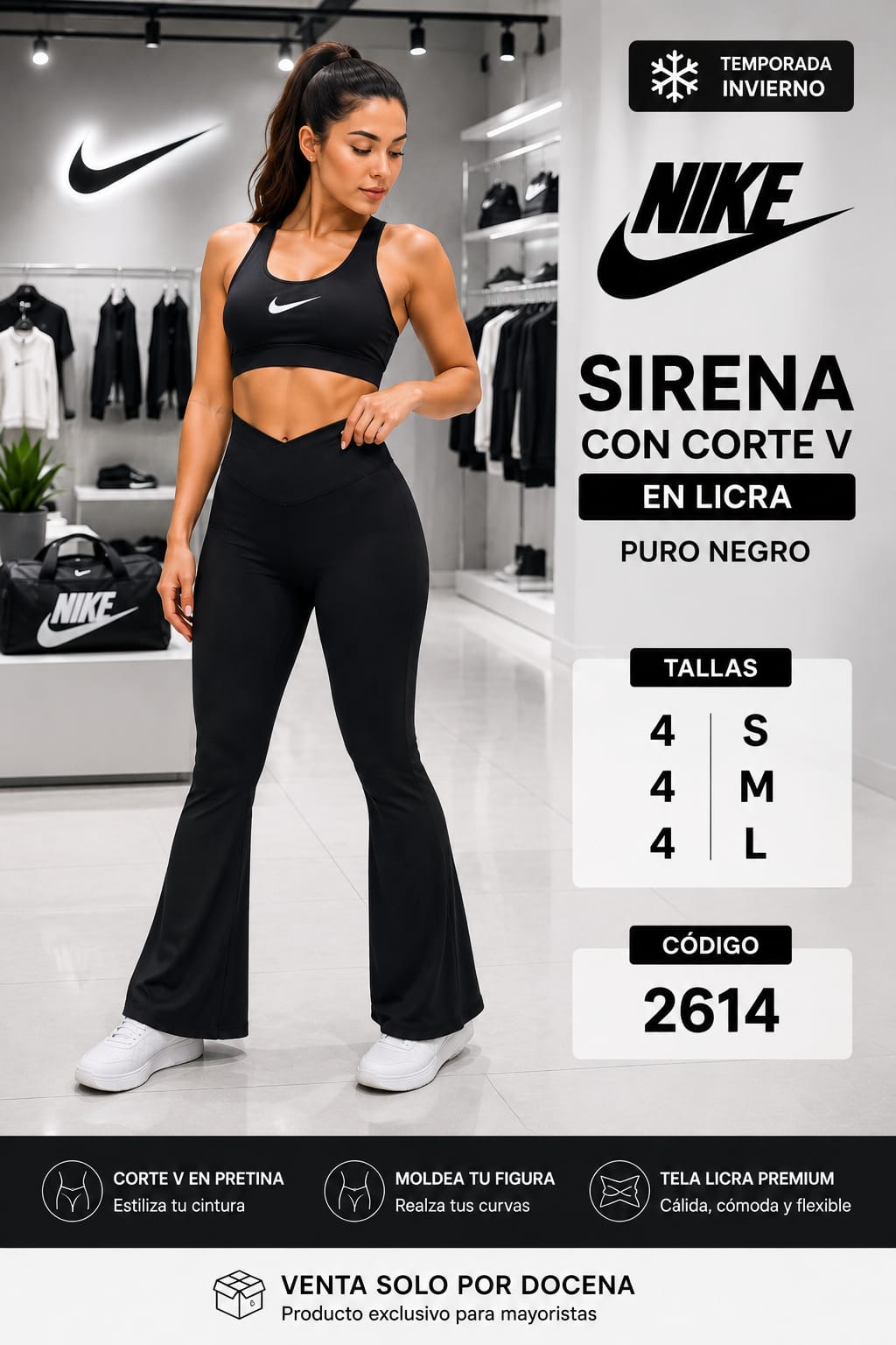 Pantalón Sirena Corte V en Licra | Puro Negro – Calidad Premium – Código 2614