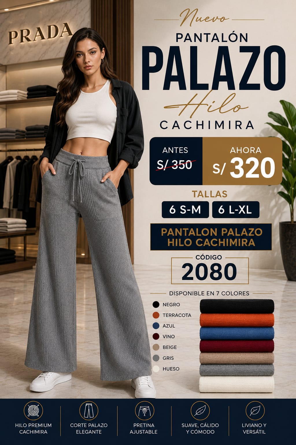 Pantalón Palazo Hilo Cashimira | Hilo Premium, Suave y Cálido – Código 2080 - Imagen 2