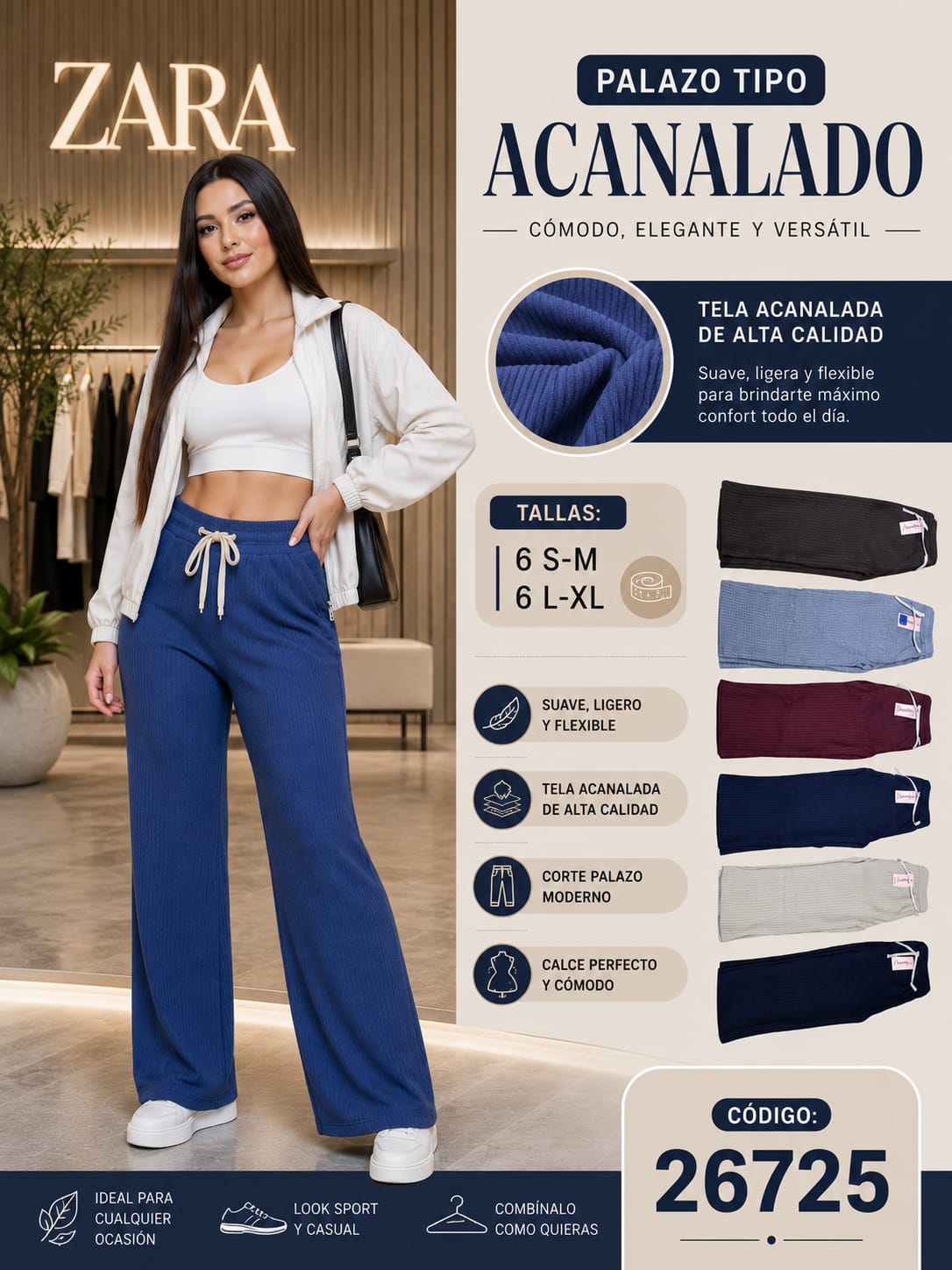 Pantalón Palazo Tipo Acanalado | Suave, Ligero y Flexible – Código 26725