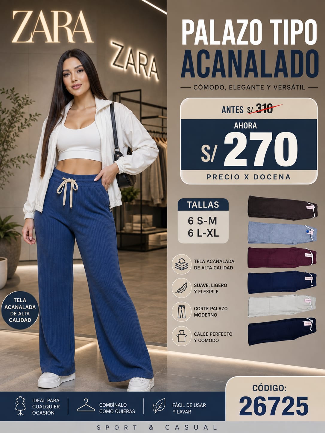 Pantalón Palazo Tipo Acanalado | Suave, Ligero y Flexible – Código 26725 - Imagen 2