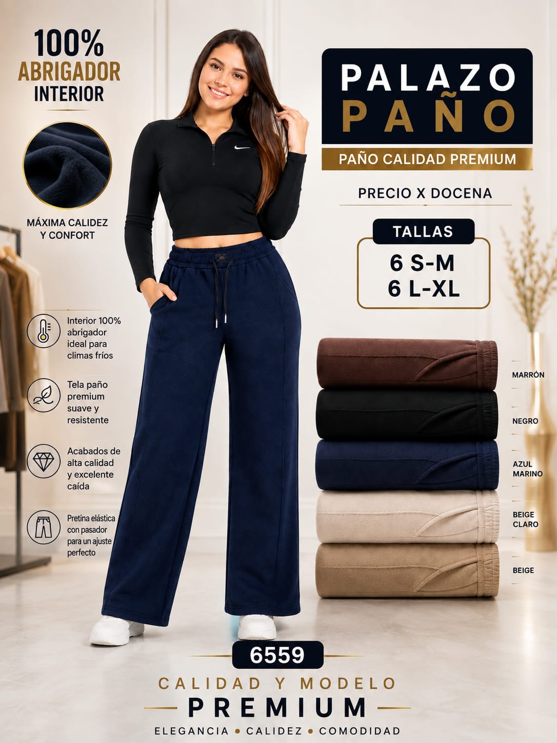Pantalón Palazo Paño 100% ABRIGADOR INTERIOR – CALIDAD PREMIUM – Código 6559