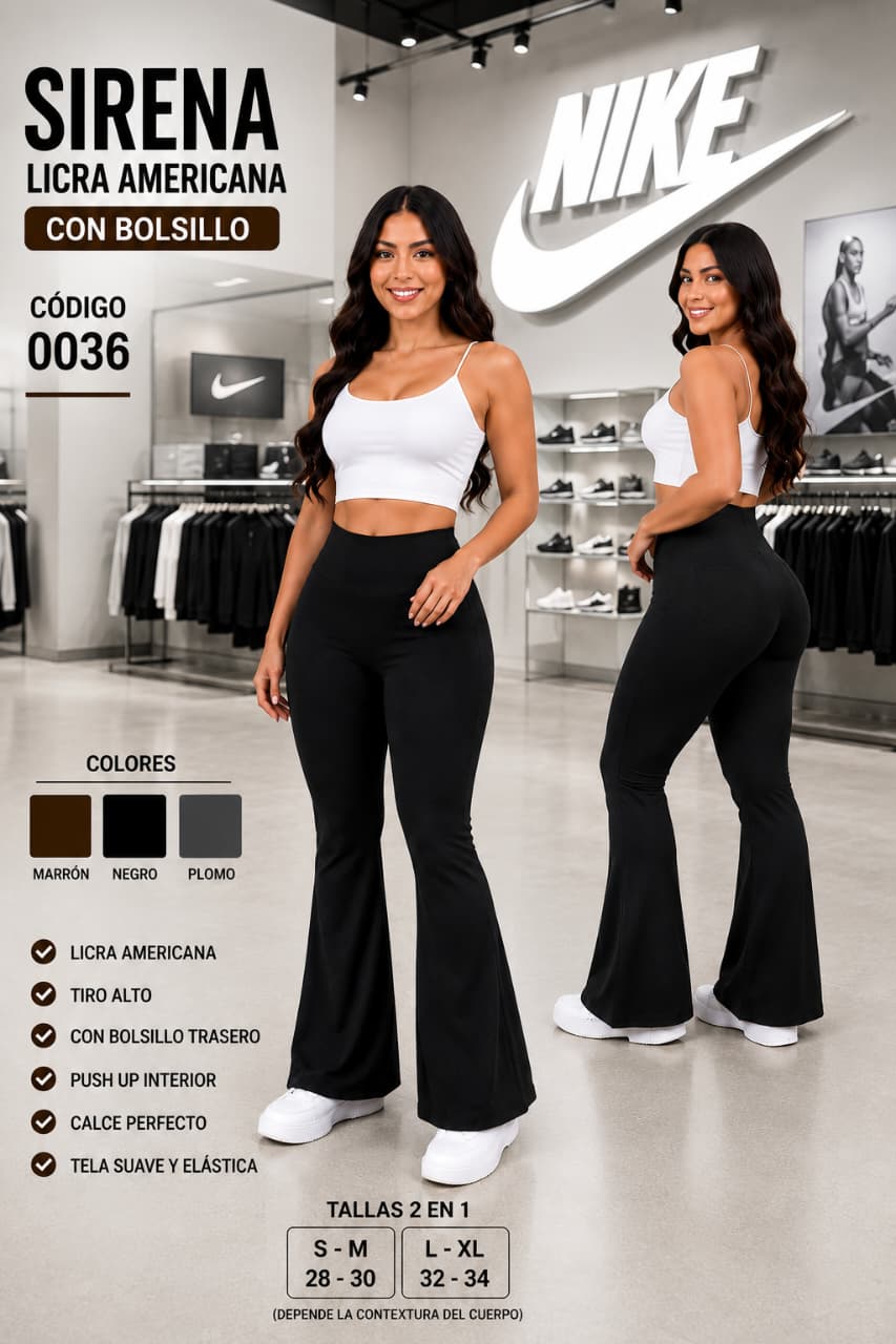 Pantalón Sirena Licra Americana CON BOLSILLO – PUSH UP INTERIOR – Código 0036