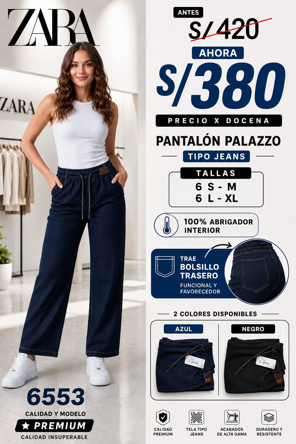 Pantalón Palazzo Tipo Jeans 100% ABRIGADOR – CÓDIGO 6553 - Imagen 2