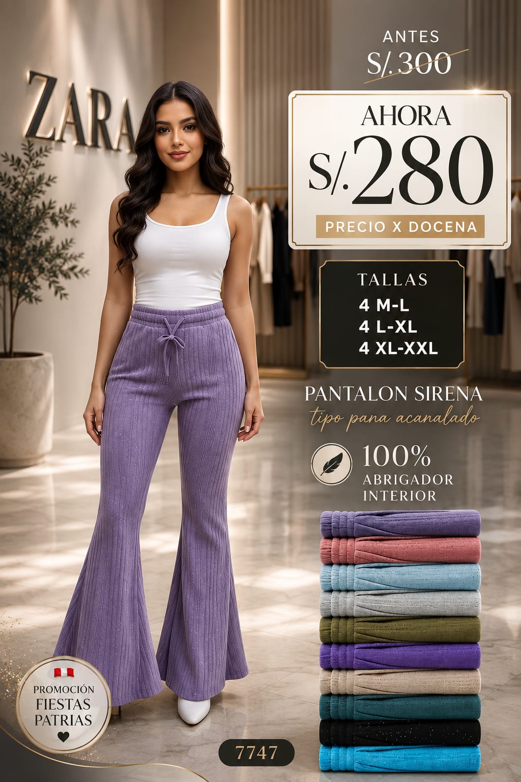 Pantalón Sirena Tipo Pana Acanalado – 100% Abrigador Interior – Código 7747 - Imagen 2