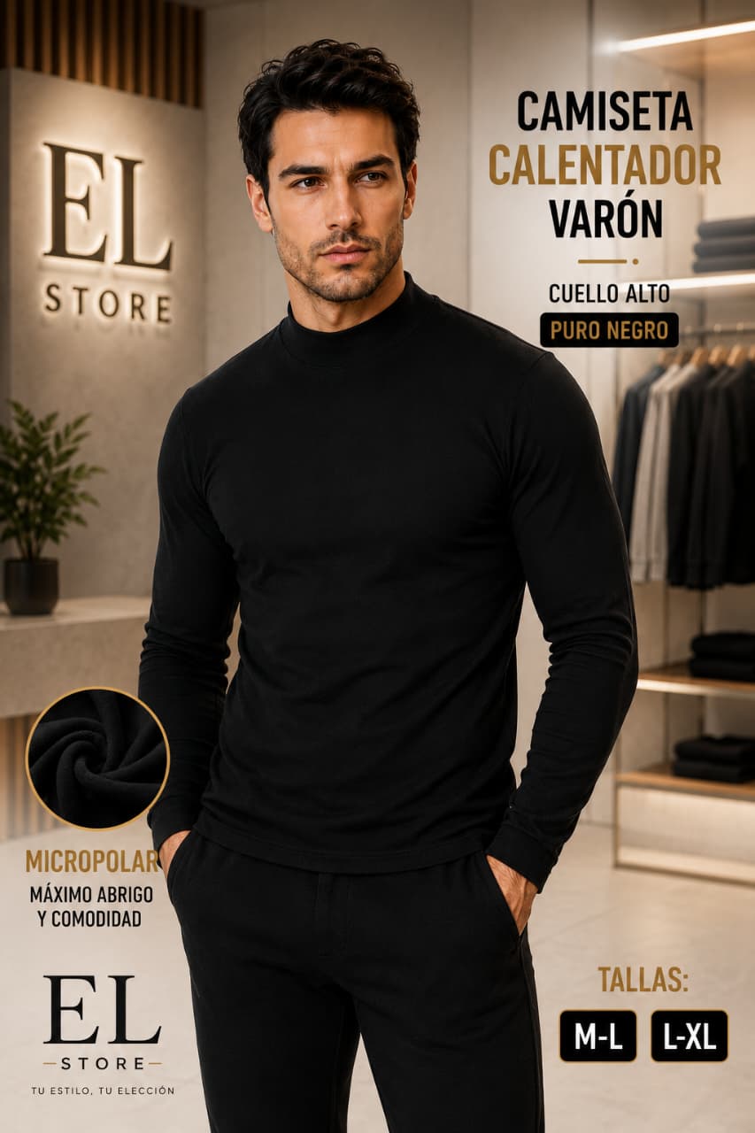 Camiseta Calentador Varón Cuello Alto – Micropolar Térmico Puro Negro | Cód. 903