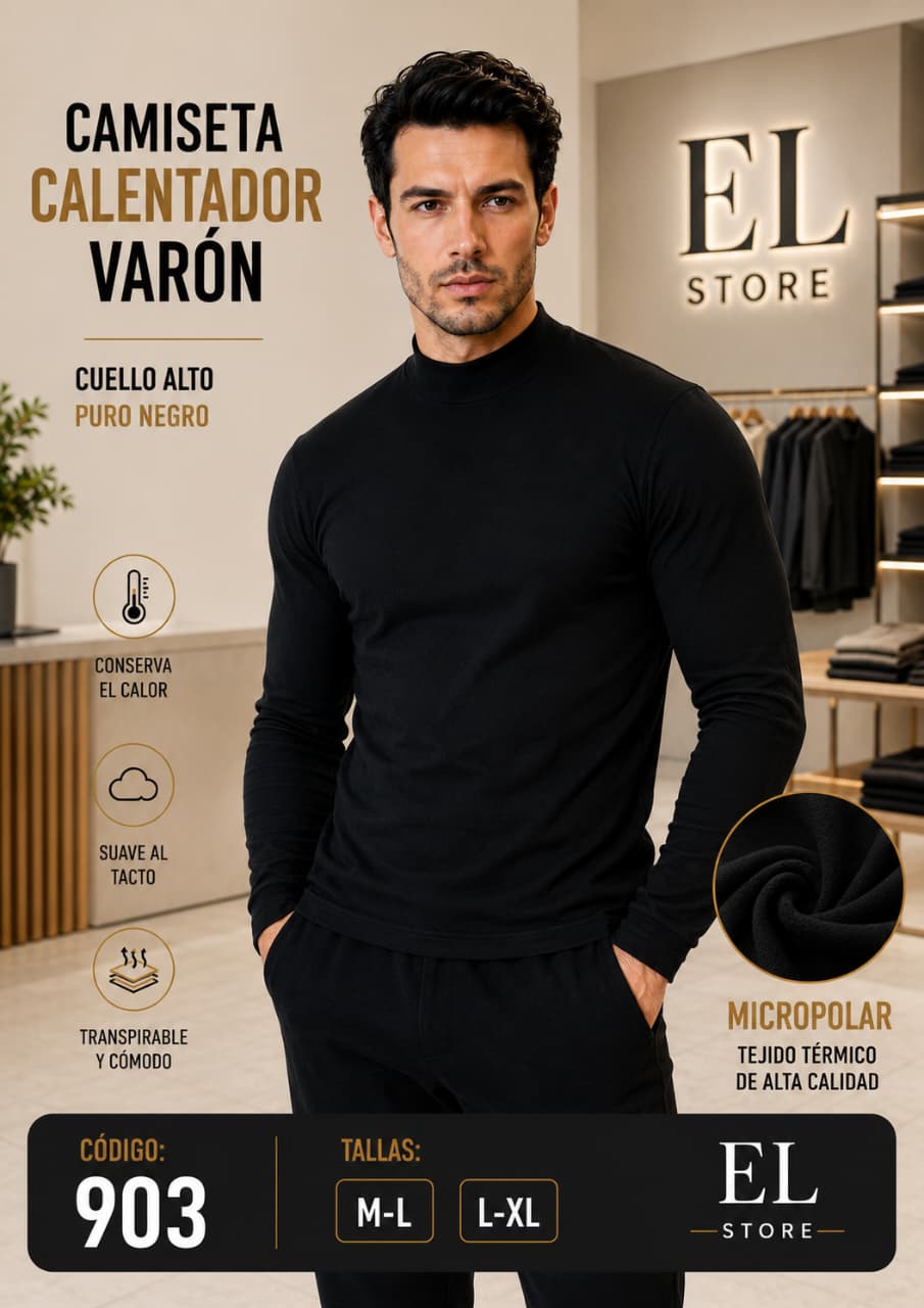 Camiseta Calentador Varón Cuello Alto – Micropolar Térmico Puro Negro | Cód. 903 - Imagen 2