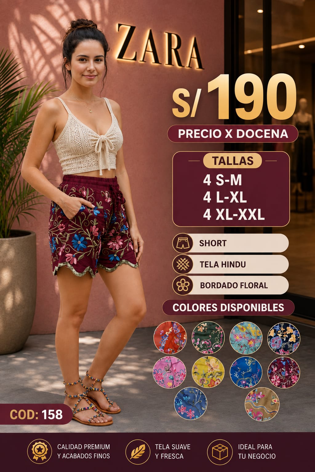 Short de Tela Hindú con Bordado Floral para Dama – Código 158 - Imagen 2