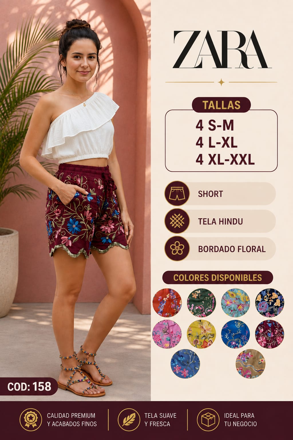 Short de Tela Hindú con Bordado Floral para Dama – Código 158