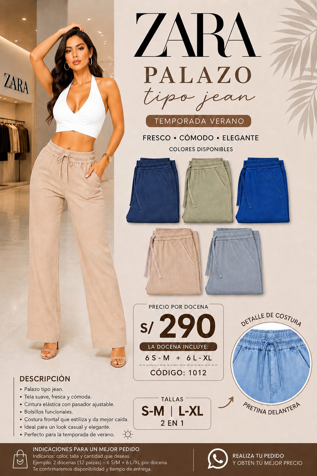 Palazo Tipo Jean para Dama con Costura Frontal – Código 1012 - Imagen 2