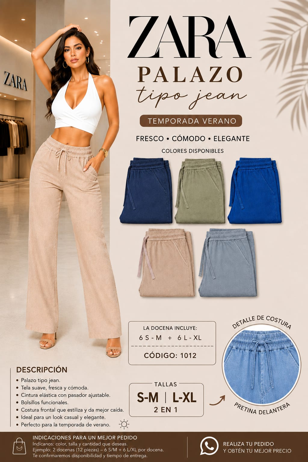 Palazo Tipo Jean para Dama con Costura Frontal – Código 1012